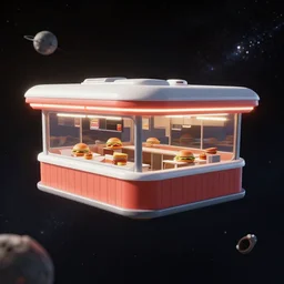 floating fast food restaurant in space, concept art