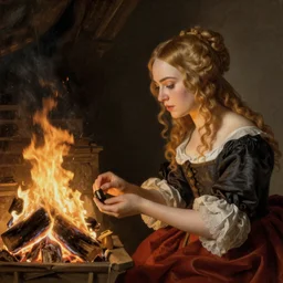 Elle Fanning looking into the fire, artstation, by J. C. Leyendecker and Peter Paul Rubens, Extremely detailed. 4K. Award winning.