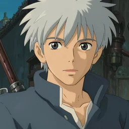 a shot of dante from devil may cry in howl's moving castle movie, movie shot, anime, hightly detailed, rescalated 4 k, detailed, straight face, detailed face, artstation, deviantart, unreal - engine, octane render, studio ghibli