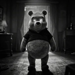 black and white photograph of glowing eyes winnie the pooh with standing creepily in the middle the room, creepy, dramatic lighting, 1 9 2 0