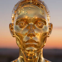 an intricate, detailed face of an android, golden translucent skin with water drops on it, dramatic sunset lighting, synthwave colours, trending on artstation, art nouveau