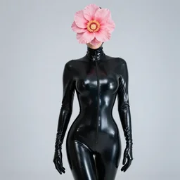 woman with a flower head in a latex bodysuit