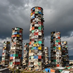 towers made up of colourful makeshift squatter shacks, bleached colours, moody cloudy sky, dystopia, mamiya, very detailed, photographed by ansel aams