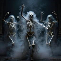 ghostly skeletons wreathed in dark smoke dancing, scenic full shot, ambient lighting, detailed face, by alan lee, rembrandt, stanley artgerm lau