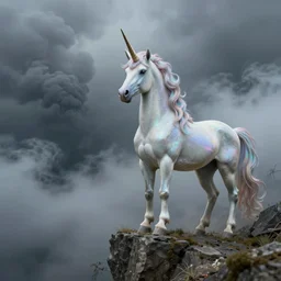 a iridescent unicorn looking off a cliff that shows a covered in toxic smog, ultra realistic, concept art, intricate details, highly detailed, photorealistic, octane render, 8 k, art by boris vallejo