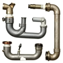 full color page scan reference sheet of various retro pipes on white background, matte painting