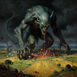 cthulhu devouring farmland. highly detailed science fiction painting by norman rockwell, frank frazetta, and syd mead. rich colors, high contrast, gloomy atmosphere, dark background. trending on artstation