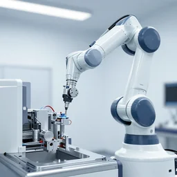 a complex thick bifurcated robotic cnc surgical arm cybernetic symbiosis hybrid mri 3 d printer machine making motors in a bio chemical lab, control panels, by daniel simon, tron, 4 k, large monitor screens, knobs, natural light in room, octane render f 2 8,