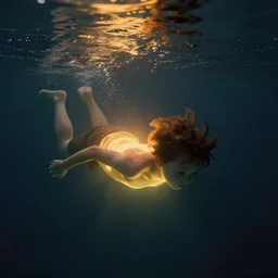 digital art - a boy drowning underwater with warm light inside it dark cold atmoshperic by darek zabrocki, trending on artstation