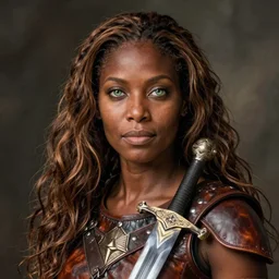 arabella mistsplitter, solo female darkskinned heroic soldier, midfifties, long brown hair, clear green eyes, african, ethiopian, magnificent oval face, leather armor, shortsword, beautiful eyes, a female dnd fighter's portrait, clear eyed, magical realism, realistic, by brian patterson and rhads!!!