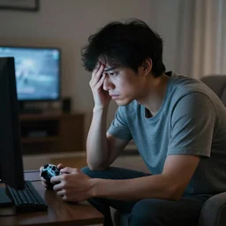 a sad and lonely man playing video games all by himself, as nobody responded to a single one of his numerous invitations to play with him