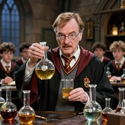 walter white as a potions class teacher at hogwarts school of wizardry, lots of potions in flasks, students, 4K high quality