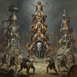 oil paint of 1 1 picklehaub helmet wearing flayed gods in tiers, colossal medical gangrene machines in tiers nearby, dethroning / we machines / melee, battle pit, by shigeru komatsuzaki, by alberto bontempi, basil gogos, wayne d barlowe, stefano tamburini, torch light, muted colors, epic, hyper detailed,