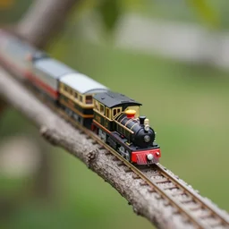 miniature train riding on a track on a tree branch. tilt shift, close - up, 3 5 mm photography