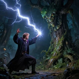 the wizard harry dresden summoning a lightning bolt to zap a giant plant monster, high contrast cinematic light, mystical shadows, sharp focus, octane render, artist jack kirby richard corben and mœbius