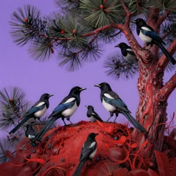 a magpie family hosting their magpie relatives on top of a pine tree, in the style of rafał olbinski, intricate and epic composition, red by caravaggio, insanely quality, highly detailed, masterpiece, purple light, artstation, 4 k
