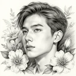 dreaming face, surrounded by flowers and leaves, male, detailed graphite sketch