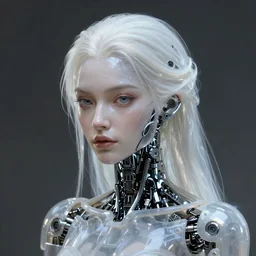 a robotic goddess with transparent milky white skin, highly detailed, digital painting, smooth, sharp, beautiful female,  expressive eyes, highly intricate, art by Boris Vallejo and H.R. Giger