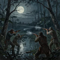 painting of hunters from hunt showdown having a shootout in a swamp at night, horror scene, moon light, bayou, silence, - - n 4