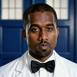 kanye west as the doctor! with bowtie! in doctor who, doctor who, tardis!! tardis!! movie still, detailed face, cinematic lighting, ray tracing, octane render, long lens, shallow depth of field, bokeh, anamorphic lens flare, 8 k, hyper detailed, 3 5 mm film grain