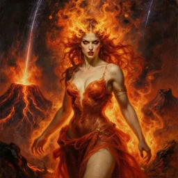 terrible goddess of fire, fury in her eyes, risque attire, volcanic eruption fantasy background, meteor shower, large classical painting, oil on canvas