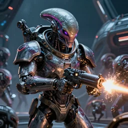 VFX movie closeup portrait of a futuristic inhuman alien spacemarines Mech in future spaceship, firing gun at alien horde detailed creature skin neon lighting by Emmanuel Lubezki