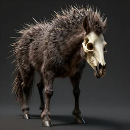 a monster shapeshifter with a face of a skeletal horse, massive porcupine quills, long limbs, stands on two bent legs, photograph award winning, sharp details, detailed face, unreal engine, hyper realistic, dark volumetric lighting, 4 k,