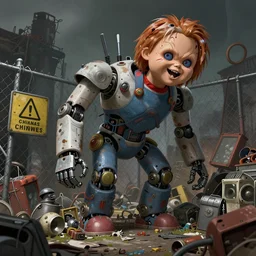 an intricate concept art of a robot junk yard behind chainlink fence with warning sign and giant screaming chucky doll, cinematic, post - apocalyptic, matte painting, concept art, hyper realistic, artstation, deviantart, style by feng zhu and dylan cole, octane render, anime style