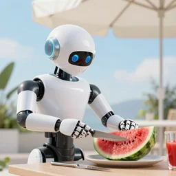 a robot cutting watermelon under a sun umbrella on a summer day, sharp focus, extremely detailed, featured in artstation, digital art, cinematic lighting, art by minna sundberg, greg rutkowski