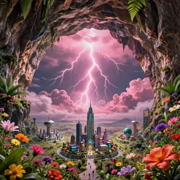 an ultra - realistic massive volume cave : 5, ; bright coloured natural flowers and ferns : 1 ; miniature tiny futuristic city : 3 ; endless plain with pink lightning clouds : 2, highly symmetrical, balanced, octane render hd, 4 k, ultra - realistic, in unreal engine, trending on artstation