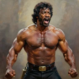 rambo, 1 9 8 6, bill cosby as rambo muscular, cinematic still, defined, shouting, oil on canvas, digital art, octane render