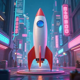 rocket standing on a street in the middle of a cyberpunk city, neon signs, 1 9 6 0 s poster, minimalism, clouds, night time, dramatic lighting, flat design, flat colors, in the style of a soviet propaganda poster