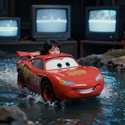robot car from cars 2 sticking her head raging river, from 1 9 8 5, bathed in the glow of a crt television, crt screens in background, low - light photograph, in style of jun takahashi
