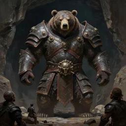 badass giant solitary armored bear warrior outside a cave looming down at some humans, fierce, giant, high fantasy, chiaroscuro, highly detailed, sharp focus, smooth, oil matte painting, by ismail inceoglu, filiphodas, vaporwave, concept art, hd