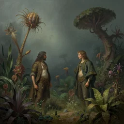 beautiful rendering of exotic plants by daniel merriam and karol bak and martin johnson heade, xenoplanet by roger dean and moebius, at night, ( ( ( misty atmosphere ) ) ), ( soft light ), mantra rendering, matte painting, high detailed, 4 k, trending on artstation