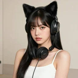 realistic beautiful gorgeous natural cute Blackpink Lalisa Manoban black hair fur black cat ears, wearing white camisole summer outfit, headphones, black leather choker, tonemapping artwork drawn full HD 4K highest quality in artstyle by professional artists WLOP, Ayami Kojima, Aztodio, Alphonse Mucha, Taejune Kim, Guweiz on Pixiv Instagram Artstation