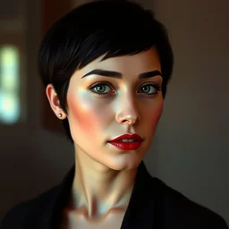 portrait of beautiful woman, black short hair, by nick silva, ja mong, greg rutkowsky, digital, soft painting, photorealism