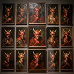 a wall full of portrait paintings of good behaving demons, claustrophobic, museum