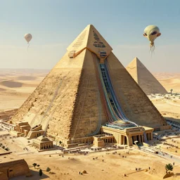 wise aliens and ancient egyptians building a sci - fi nuclear building with pyramids connected with wires and surrounded by crowds and a desert in the distance, digital art, artstation, trending, 4 k, intricate, ultra hd