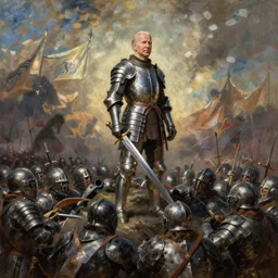 joe biden in medieval plate armor holding a greatsword standing on top of piles of slain enemy footsoldiers, epic fanart, volumetric lighting, oil painting, highly detailed, wide view, sharp focus, painting by daniel gerhartz, alphonse murac, detailed art, artstation