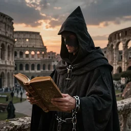half portait of magican wearing a closed cowl and carrying big old book! chained to the wrist, jeremy mann, jean leon gerome, tiepolo, alphonse mucha, greg rutkowski, face in the shadows, ( ( ruins of ancient rome ) ), at dusk, mysterious atmosphere, sunrays, dof, high detailed, 8 k