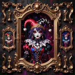 baroque bedazzled gothic royalty frames surrounding a pixelsort emo demonic horrorcore japanese beautiful jester visual kei doll, low quality sharpened graphics, remastered chromatic aberration
