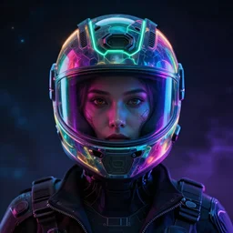 a women wearing neon helmet with a visor iridescent, beautiful, technological, unreal, hyper-detailed, mega-detailed, realistic, cinematic, octane render, concept art, dark, cosmic, ominous, symmetric, colorful and dark