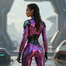 sci-fi movie still body portrait of wet jessica alba cyborg young woman standing from behind, overlooking a future SF from twin peaks, facing away from the camera, bold shiny rave outfit :: trending on artstation, morning, ue5, sci-fi concept art :: nixri, Greg rutkowski,::