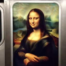 mona lisa on nyc subway reading iphone, contemporary, color photograph, realistic portrait