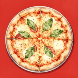 maximalist delicious pizza, by kseniia yeromenko, watercolor, illustration, red background, centered