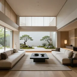 futuristic minimalist japanese living room, zen garden, coherent composition, architecturally accurate, architecture photography, 8 k