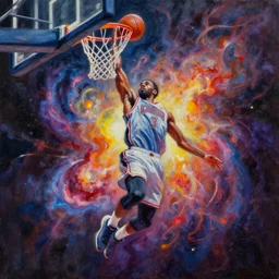 an expressive oil painting of a basketball player dunking, depicted as an explosion of a nebula
