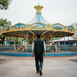a man walks trough a amusement park