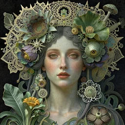 beautiful sun goddess face portrait by jean delville, ellen jewett, iris van herpen and james jean, art forms of nature by ernst haeckel, art nouveau, symbolist, visionary, gothic, fractal lace, intricate alien botanicals, ai biodiversity, surreality, gustav klimt, hyperdetailed ultrasharp octane render